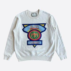 Gucci White & Multicolor Interlocking GG Varsity Logo Sweater